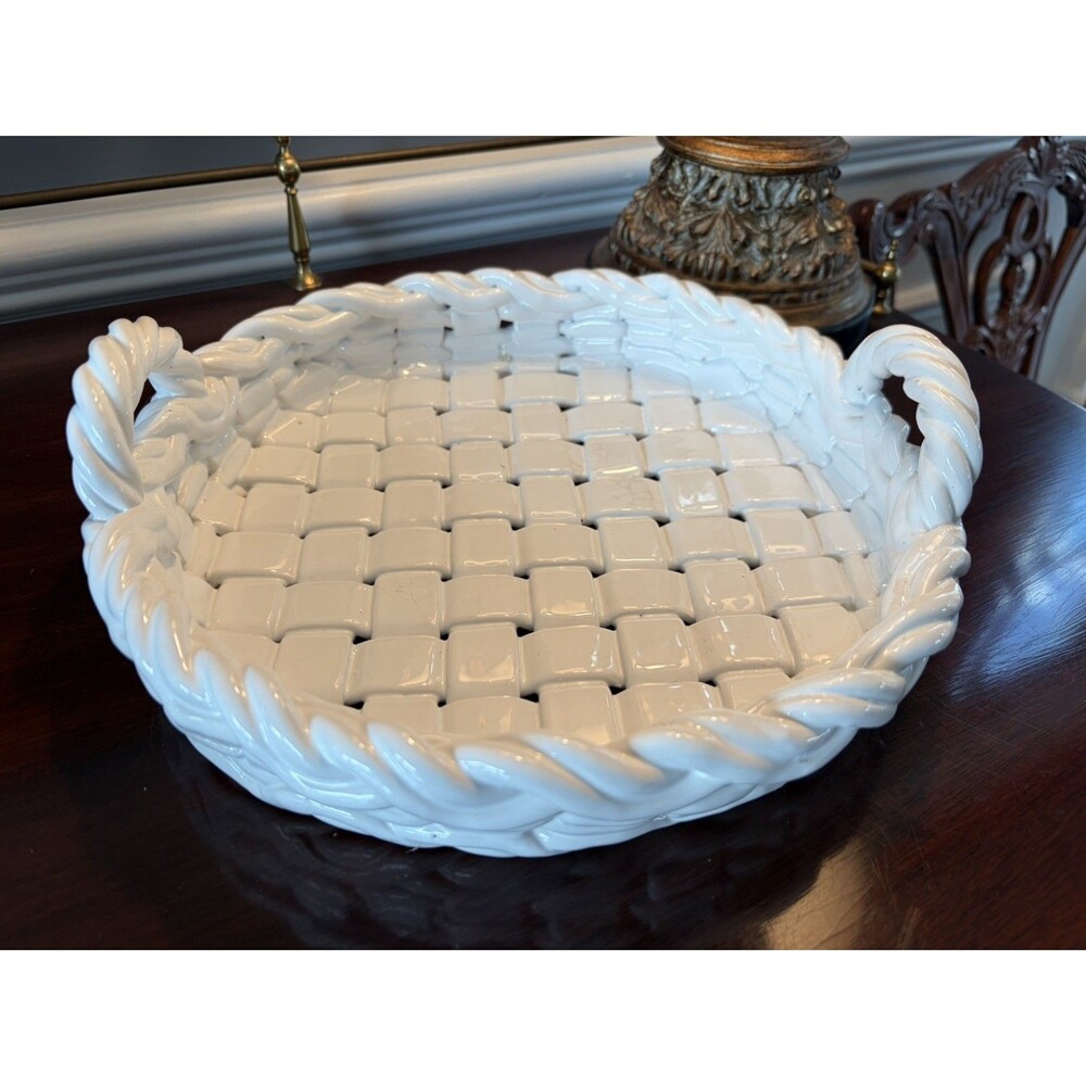 Vintage Italian White Woven Ceramic Basket Bowl with Handles Hand Painted